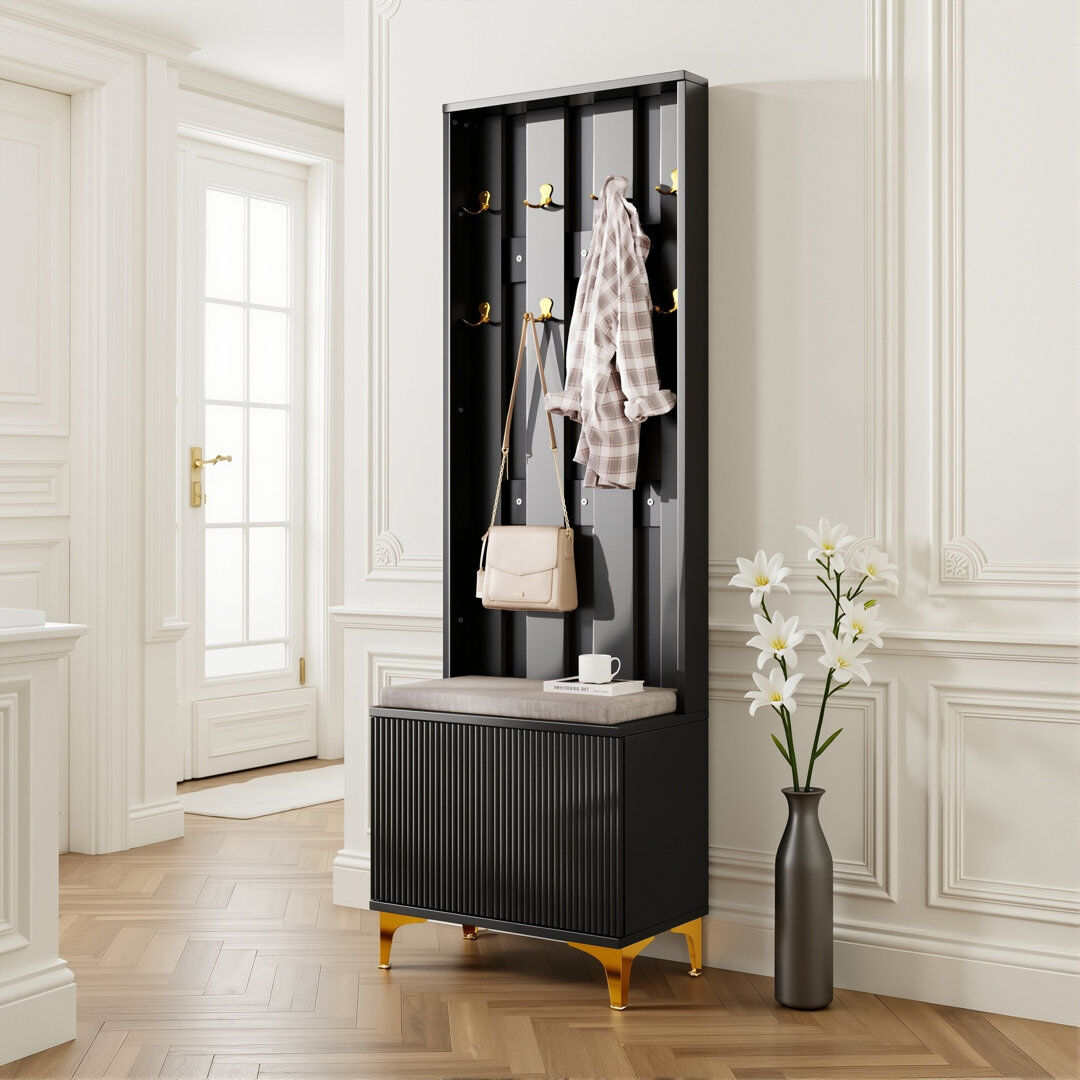 Canora Grey Modern Ribbed Hall Tree With Shoe Storage, Hallway Unit With Padded Bench, Hall Stand With 8 Gold Hooks Black 180.5cm H X 60.5cm W X 35.2cm D