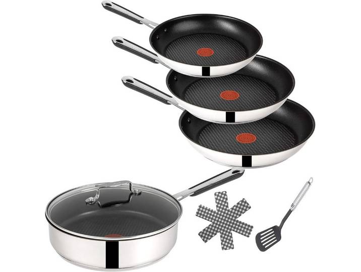 Tefal Pfannen-Set Jamie Oliver E76 Pfannenset 20,24,28cm + Schmorpfanne mit Deckel 25cm, Edelstahl 18/10 (Pfanne, Bratpfannen Set, Pfannenset, Wok, Wokpfanne, Schmorpfanne, Pfannen + 1 Wender & Schoner Antihaftbeschichtet Pfannenset mit Deckel), ohne Fett / Öl braten