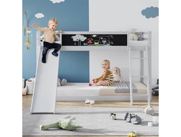 Lit superposé - DREAMMESPACE - 90x200cm - Bois massif - Blanc - Escaliers et toboggan