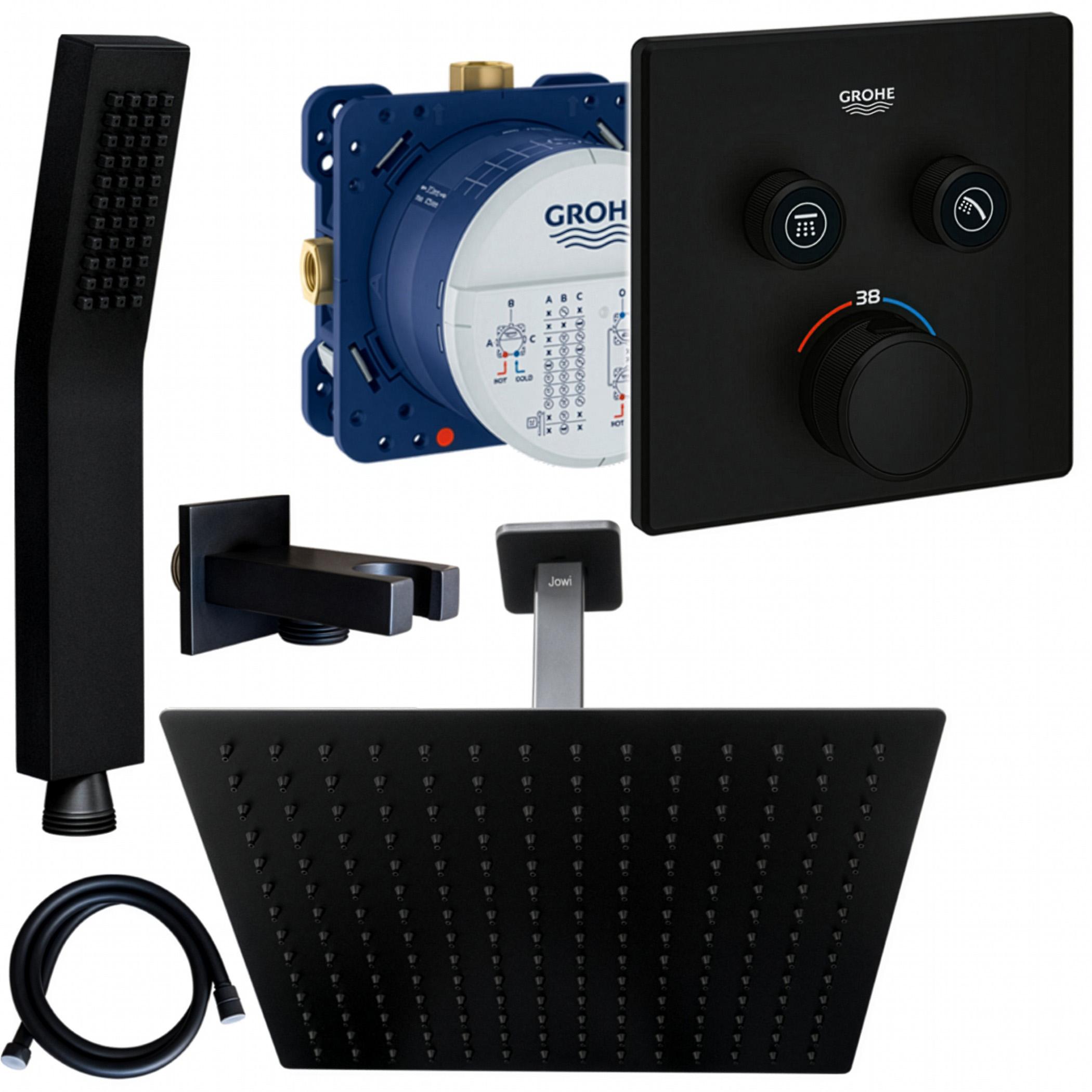 Grohe und Jowi Unterputz Duschsystem Schwarz, Smartcontrol Thermostat, Kopfbrause, Deckenanschluss
