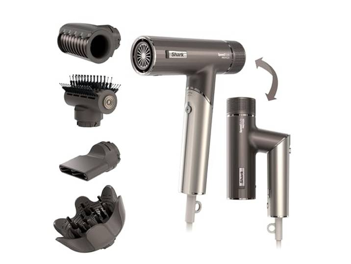 Shark SpeedStyle Pro FLEX haardroger, haardroger met hoge prestatie en snelheid, 4 stylingopzetstukken, lichtgewicht, ionisch, geen hitteschade, inklapbaar, voor ieder haartype, mokka zilver HD542EU