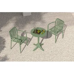 VILLANA Pico Soft Balkon-Set, pestogrün, Kunststoff, Tisch Ø 70 cm und 2 Stapelsessel, UV-beständig, wetterfest