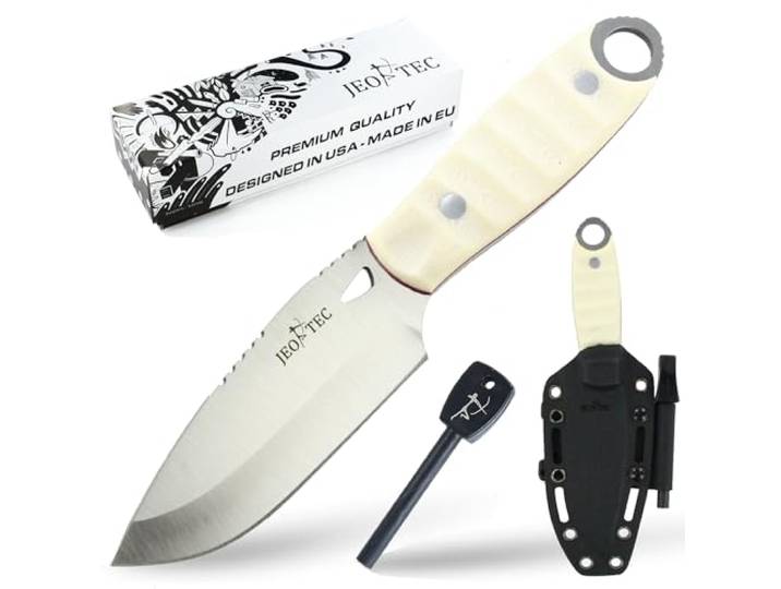 JEO-TEC Nº10 Bushcraft Messer - Survival Campmesser - Outdoor Full Tang-Messer - Campingmesser - 10 cm Klinge MOVA - Scheide und Feuerstahl - Handgefertigt in Spanien