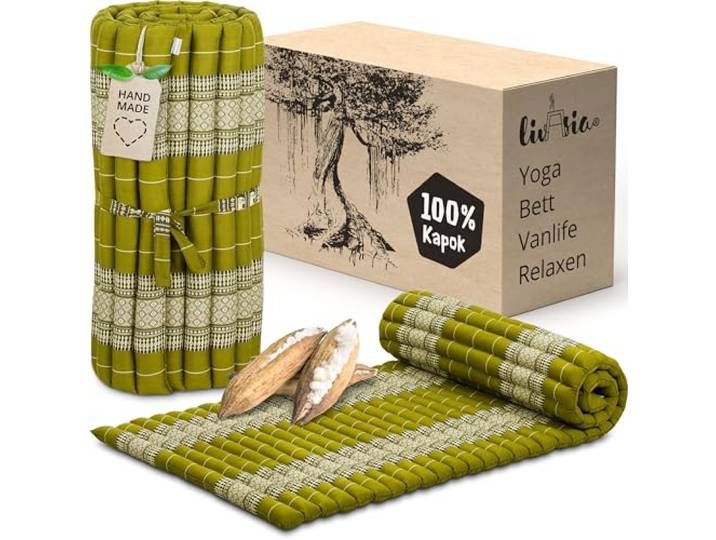 livasia Rollmatte Rollmatratze M schmal Einzelbett - 200x75x4,5cm - Gästebett Gästematratze 1 Person mit Muster, Reisebett Kofferraum Outdoor, Thaimatte Kapok Garten handgefertigt (Grün)