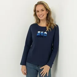 STRANDFEIN Sweatshirt, Langarm Rundhalsausschnitt Stickerei-Detail figurumspielend