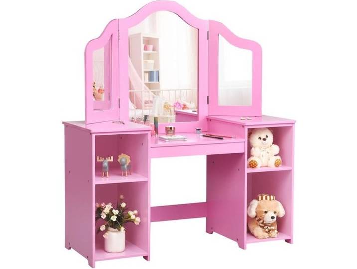 DREAMADE Coiffeuse Enfant 2 en 1 en Bois avec 3 Miroir Pliable 4 Étagères Table de Maquillage Enfant au Style Princesse Rose