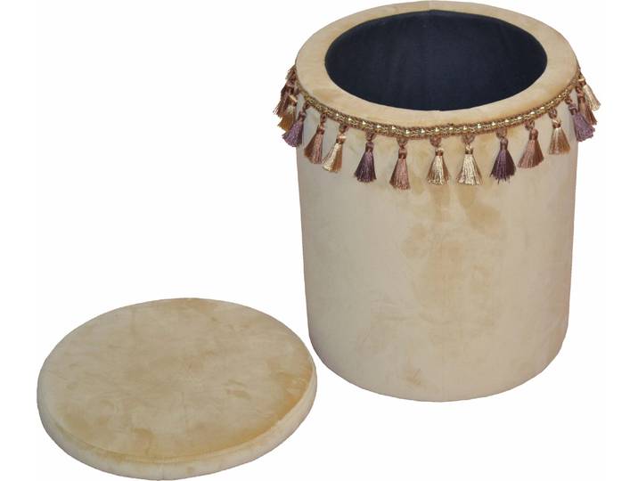 Stauraumhocker HOME AFFAIRE, beige, B:35cm H:40cm T:35cm, Praktisches 2-in-1 Möbelstück: Der Sitzhocker von Home affaire mit Stauraum ist Sitzgelegenheit und Ordnungshüter in einem. Das Raffinierte an diesem Hocker ist, dass sich seine Sitzfläche abnehmen lässt. Darunter befindet sich reichlich Platz für Kleinigkeiten. Optisch begeistert die Sitzgelegenheit durch ihre Gestaltung im Orientlook. Diesen verdankt das Möbelstück den aufwendigen Verzierungen mit Quasten in zwei unterschiedlichen Farben sowie den goldenen Ziernägeln. Der Hocker kann im gesamten Wohn- und Schlafbereich eingesetzt werden. Der Sitzhocker von Home affaire mit Stauraum wird zum echten Hingucker in der Einrichtung., Hocker, Stauraumhocker