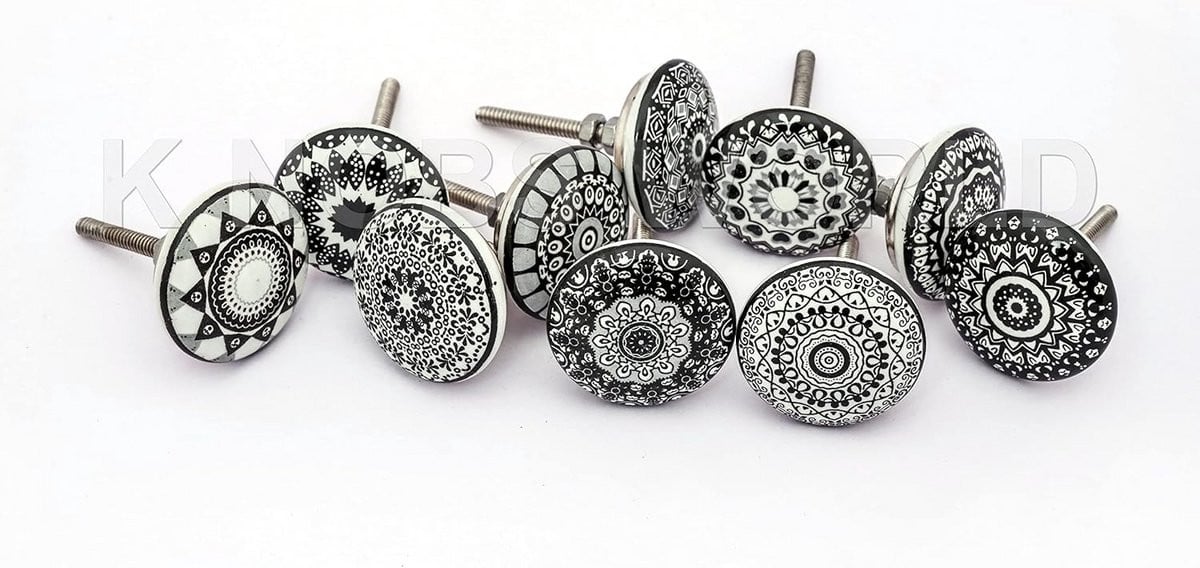 10x Keramische Meubelknoppen Zwart Vintage Mandala voor Kast, Lade en Deur
