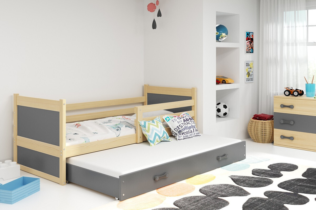 Kinderbett mit Zustellbett und Matratzen 90x200 FERGUS - Kiefer / Graphit