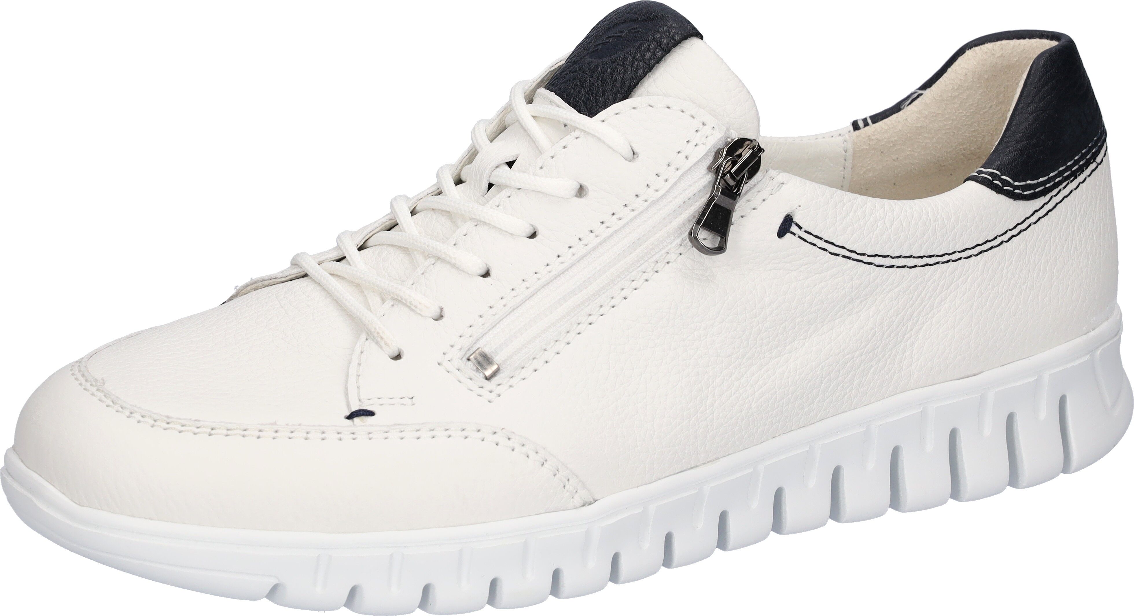 Schnürschuh WALDLÄUFER "H-Baldo", Herren, Gr. 10 (44,5), Leder Textil, bunt (weiß, dunkelblau), Nappaleder, Schuhe Schnürschuh, Halbschuh, Freizeitschuh, Schnürschuh in Bequemweite H (= sehr weit) weiß, dunkelblau 10 (44,5), Leder Textil