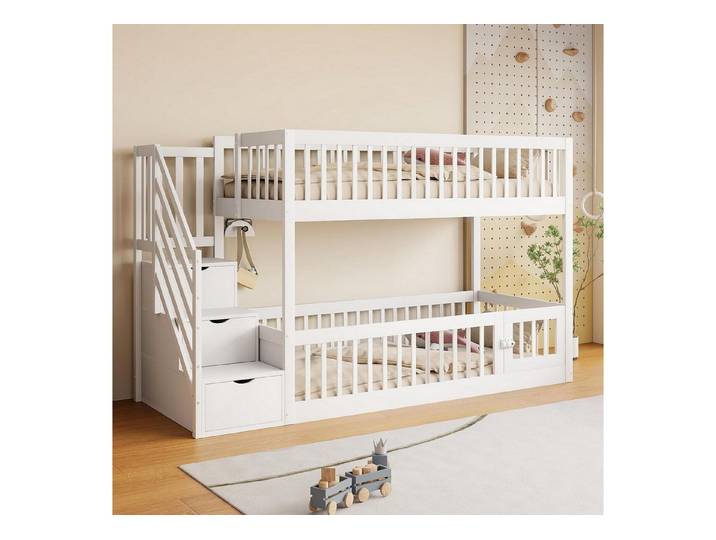 LuxusKollektion Kinderbett Etagenbett 90x200 Weiss Stauraum Treppe Tür