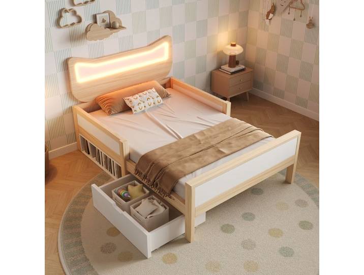 Lit enfant simple - MERAX - 90x190 tête chat LED - Tiroir modulable G/D - LED RGB Bluetooth - Blanc/chêne