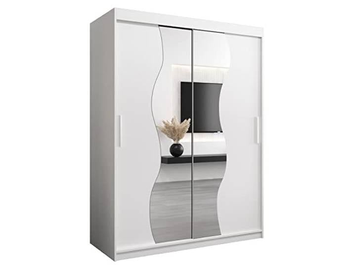 MEBLE KRYSPOL Schwebetürenschrank Madryt 150 cm mit Spiegel Kleiderschrank mit Kleiderstange und Einlegeboden Schlafzimmer- Wohnzimmerschrank Schiebetüren Modern Design (Weiß)