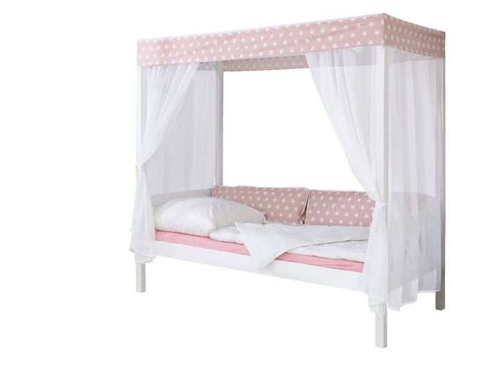 Ticaa Himmelbett Himmelbett Rosa 310 Kiefer Weiß (Rosa/Weiß, Oberer Teil abnehmbar und als Einzelbett stellbar