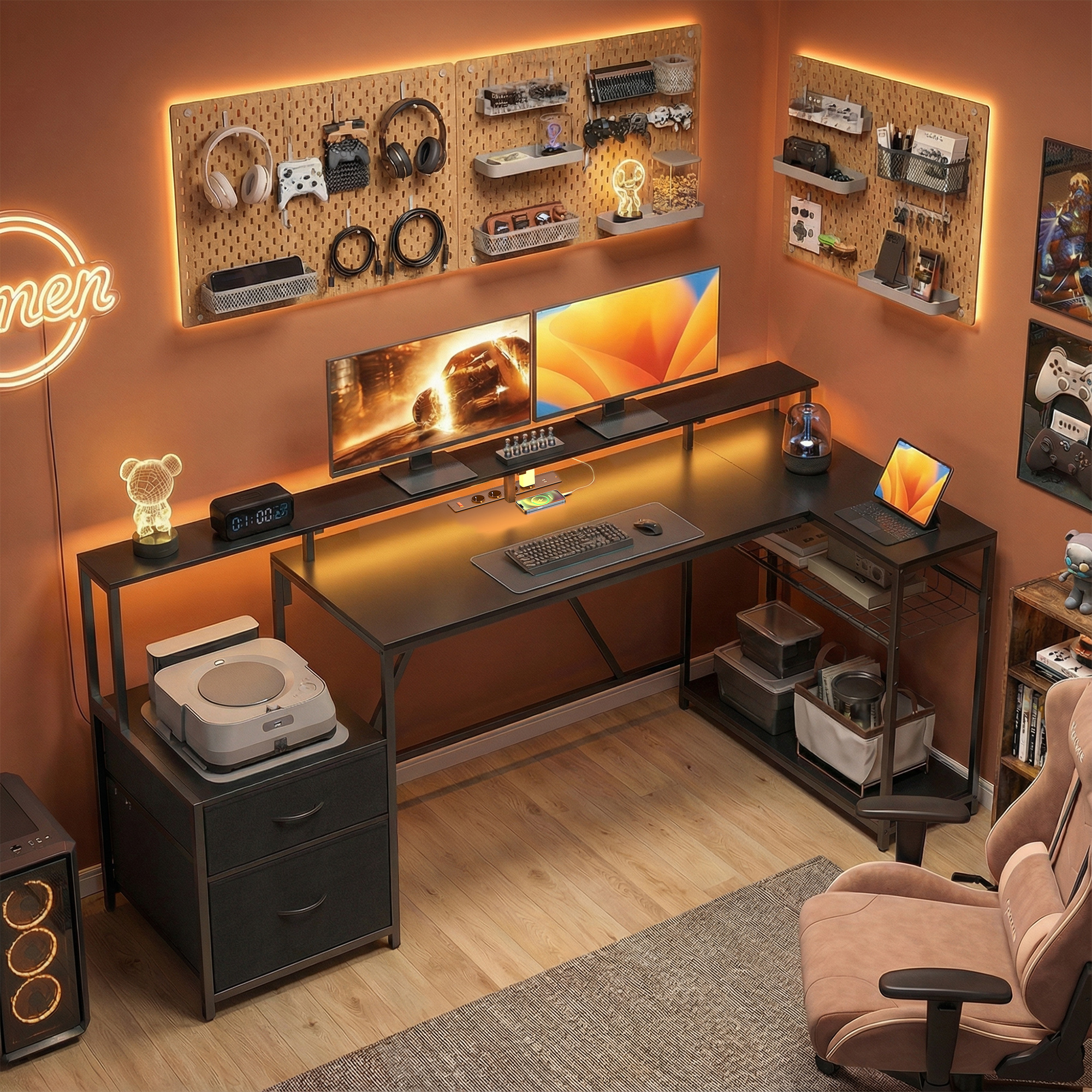 Homcom Scrivania Gaming Angolare con Hub di Ricarica, Luci LED e Supporto Monitor, in Legno e Acciaio, 192.5x80x86.5 cm, Nero   Aosom Italy