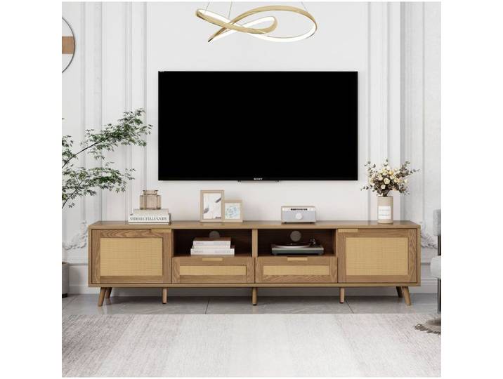 VUENOR meuble TV 200 x 37 x 48 5 cm décor chêne effet rotin - grand rangement salon