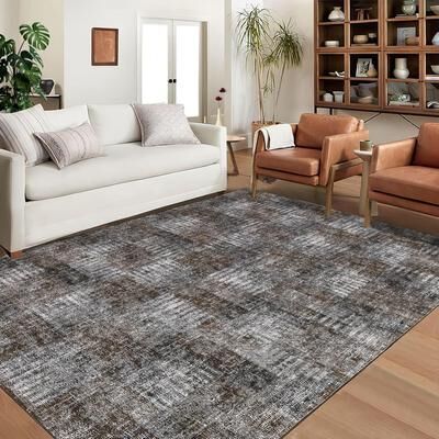 YUN Area Rug Washable Modern Checkered Rug, Non Slip Low Pile Soft Faux Wool Carpet, Stain Resistant Rug for Bedroom