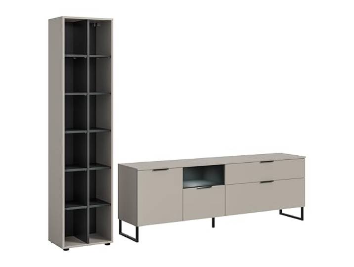xonox.home – Wohnkombination Noida 290x192x41 cm inkl. Beleuchtung in Kaschmir Nachbildung und Schwarz – Modernes Wohnwand-Set mit Licht – stilvoll, hell & praktisch