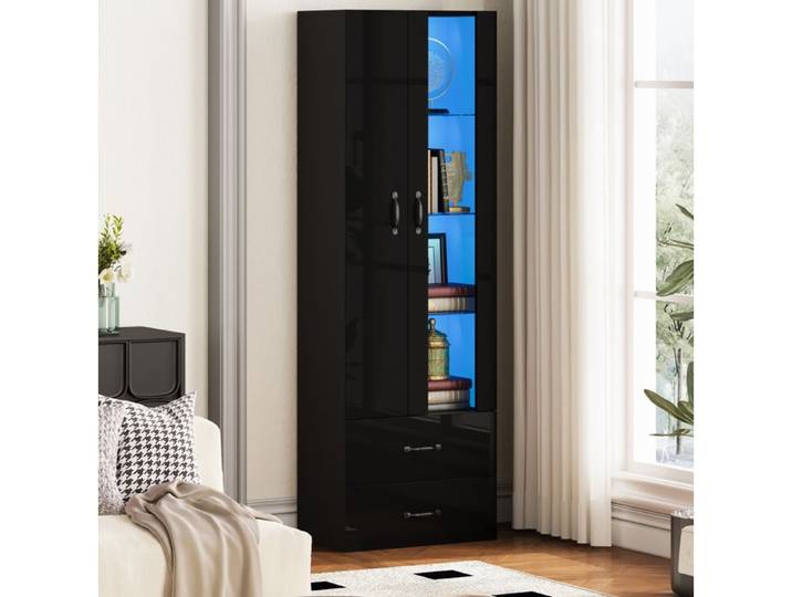 Vitrine LED AESVAR 2 portes 2 tiroirs noire en panneaux de particules 60 x 35 x 182 5 cm