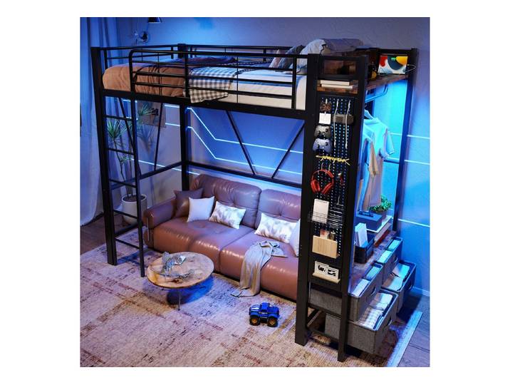 STILVORA Hochbett 90x200 mit Stauraum,Jugendbett mit LED,Kinderbett Metallbett mit Regal