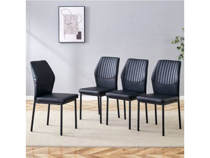 Lot de 4 chaises de salle à manger avec dossier à nervures verticales métal similicuir PU noir