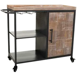 WEINREGAL mit Rädern aus Holz und grauem Metall 100x40x84