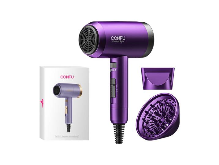 CONFU Sèche-cheveux à haute vitesse 3127 Violet, 2W RPM 1800 W de puissance, Haute concentration d'ions négatifs, 2 embouts, Séchage rapide