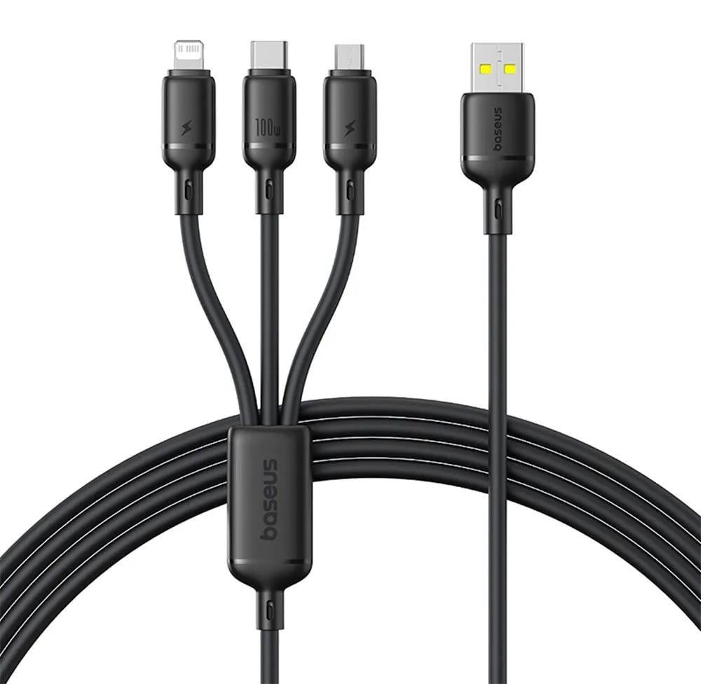 Baseus Rapid Serie 3-in-1 USB-A kabel 100W, 1,5 meter, zwart