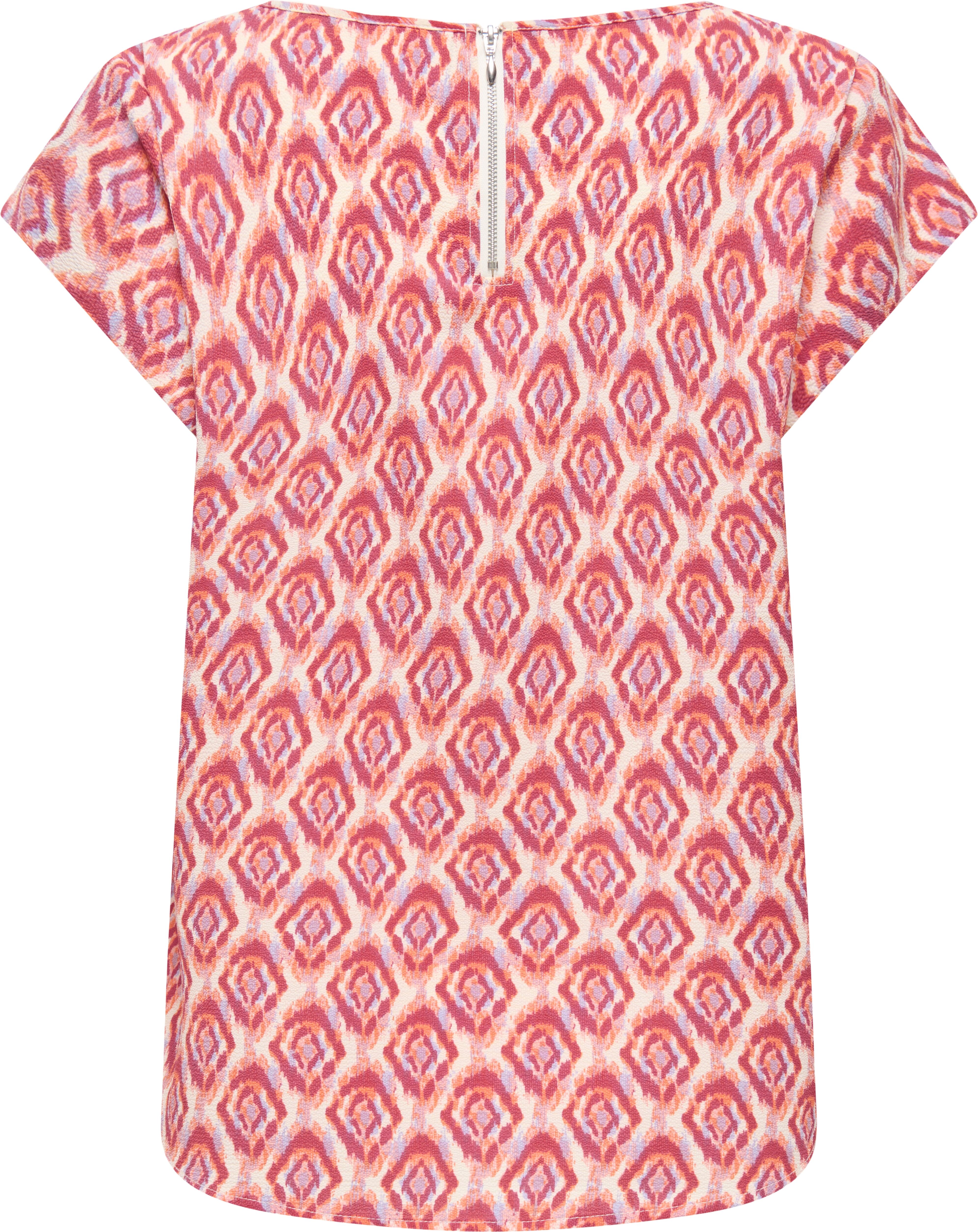 Shirtbluse ONLY "ONLVIC S/S AOP TOP NOOS PTM", Damen, Gr. 34, equestrian rot aop:warm tiles, Web, Obermaterial: 97% Polyester, 3% Elasthan, bedruckt, regular fit hüftlang, Rundhals, Blusen Shirtbluse, mit Allover Druck