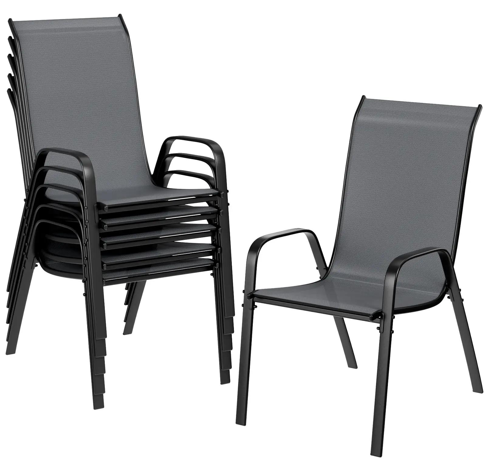 Gartenstühle 6er Set - Stapelbare Outdoor Stühle - Hohe Rückenlehne mit Armlehnen - Textilene Sitzfläche - Metallgestell - 54x69x93 cm - Dunkelgrau