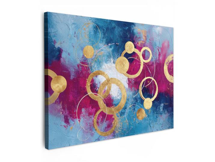 MuchoWow Leinwandbild - Kreise - Gold - Abstrakt - 80x60 - Malerei, Blau, Textil, Kiefer, Rechteckig, 80x60 cm, gerahmt, Bilder & Rahmen, Bilder, Wandbilder