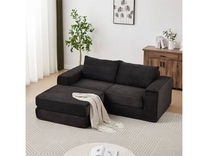 DRIPEX Canapé d'angle modulaire 2 places en velours côtelé avec 2 coussins Canapé-lit avec repose-pieds amovible 194*169*74cm Noir