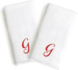 Authentic Hotel and Spa 2-piece White Turkish Cotton Hand Towels with Holiday Red Script Monogrammed Initial