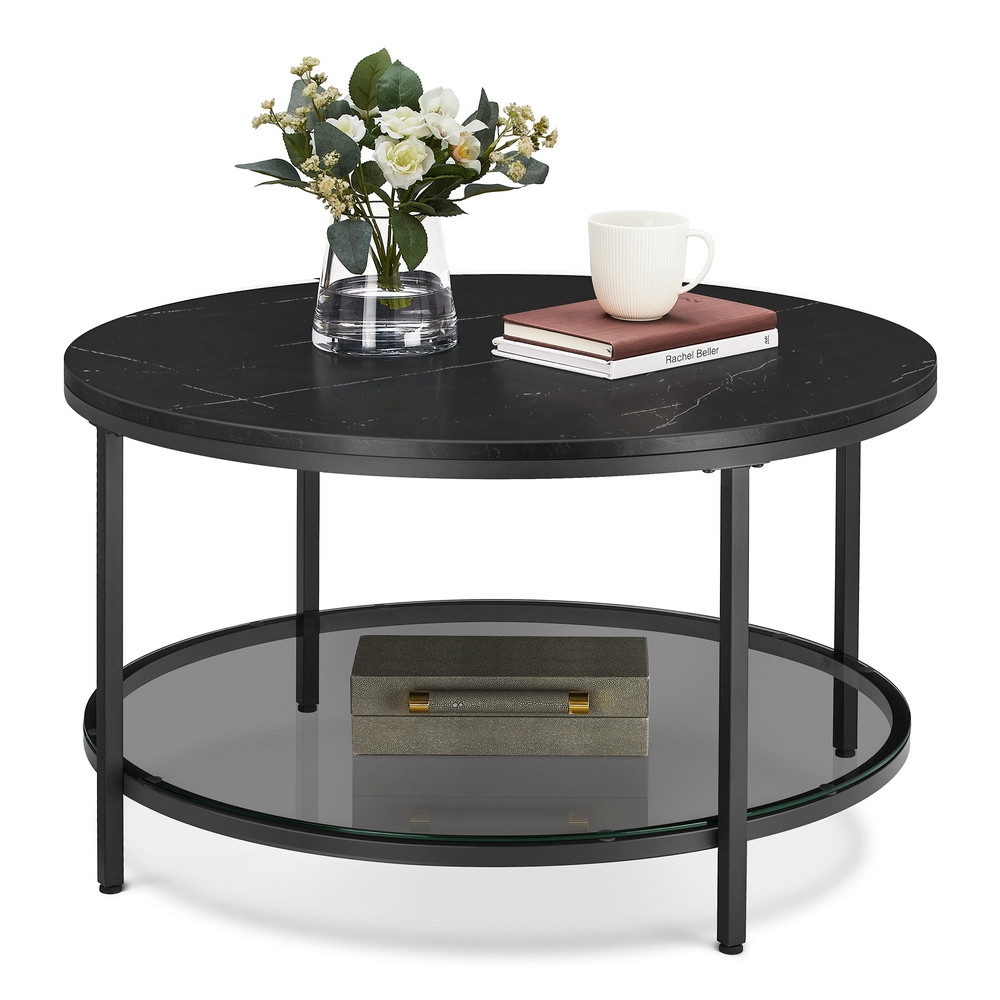 VASAGLE Wohnzimmertisch mit Glasplatte moderner Stil marmorschwarz-tintenschwarz LCT071B58