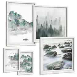 BILDER SET 5er Set - 50x50 cm & 20x30 cm & 40x60 cm Weißer Rahmen - Sommerwiesenblumen Sonnenuntergang