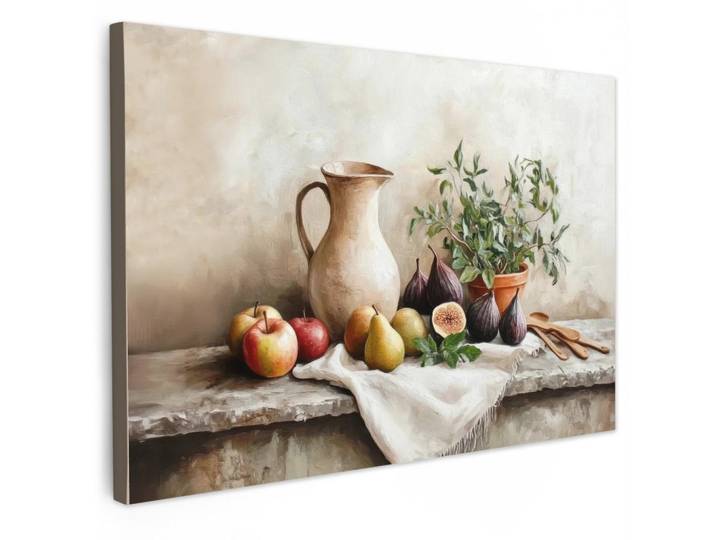 MuchoWow Leinwandbild - Obst - Kräuter - Ländlich - 90x60 - Deko Wohnzimmer, Naturfarben, Textil, Kiefer, Abstrakt, Rechteckig, 90x60 cm, gerahmt, Bilder & Rahmen, Bilder, Wandbilder