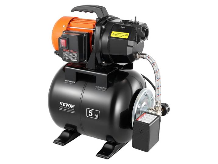Pompe domestique VEVOR 735 W\, 3 750 l/h\, pompe à jet avec réservoir sous pression de 19 l\, hauteur de refoulement de 45 m\, avec système d'alimentation en eau automatique et tête de pompe en fonte\, pour l'arrosage du jardin et l'alimentation en eau domestique