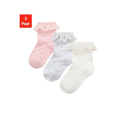 Socken H.I.S "Babysocken Ajour", Mädchen, Gr. 19-22, rosa (1x grau melange, 1x rosa, 1x ecru), Baumwollmischung, elastisch, Socken Socken, mit feinem Ajour Strickmuster und kleiner Rüsche