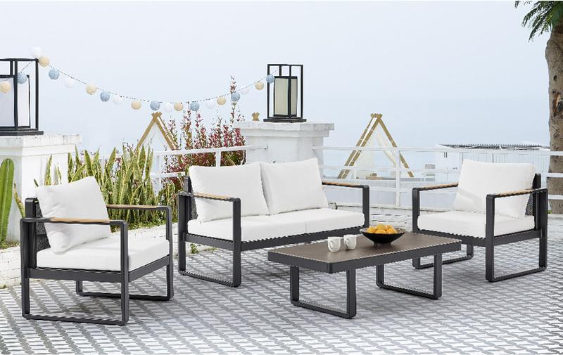 Happy Home 4 tlg Gartenmöbelset aus Aluminium mit Teakholz Armlehnen und beigefarbenen Auflagen für Terrasse Garten
