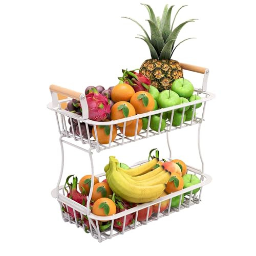 Relaxdays Fruitmand 2-laags, Wit, Vierkant fruitschaal van metaal en hout
