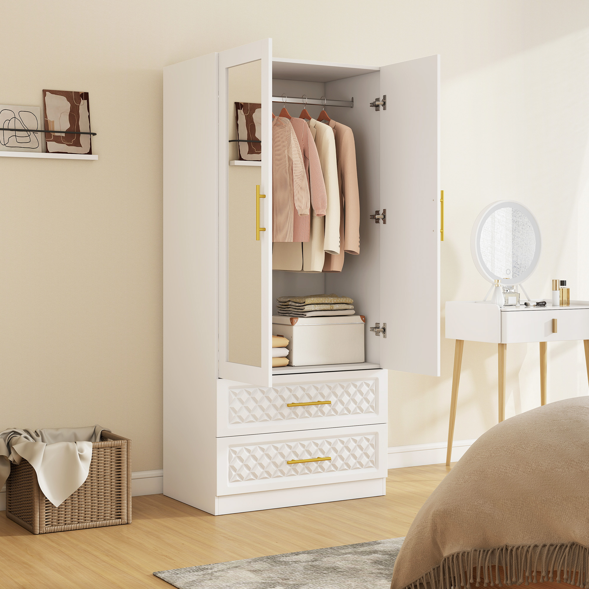 Homcom Armadio guardaroba con specchio, 2 ante, 2 cassetti e barra appendiabiti, 80x50x180 cm, bianco   Aosom Italy