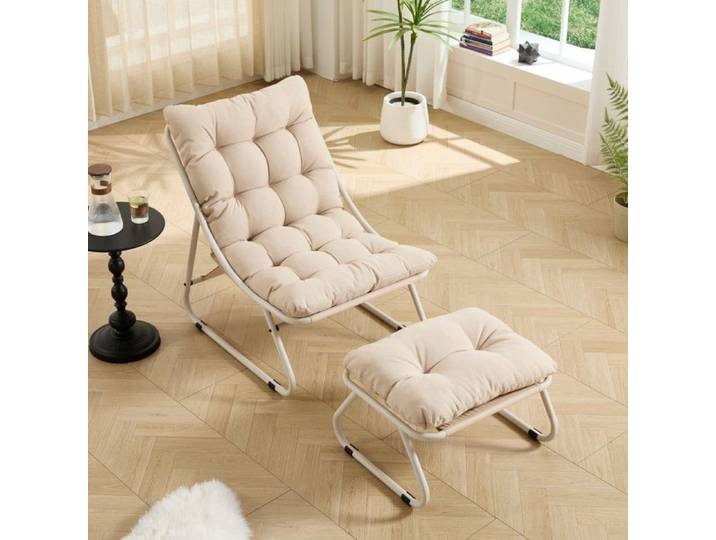 Fauteuil Jardin Beige 65x78x86cm Inclinable Repose-pieds Coussin Doux Structure Noire Confortable Salon Chambre Coin Lecture