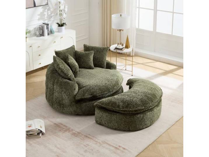 55-Zoll-langer Polyester-Schaumstoff-Sessel, Flauschiger moderner Sofa-Bett Oversized runder Stuhl für Wohnzimmer, Lounge und Projektionsraum, Beiter Sessel mit Verstellfunktion, mit Kisse