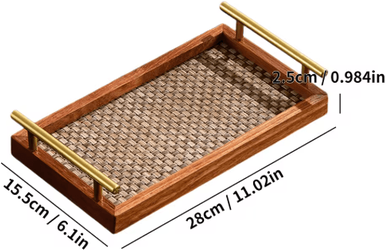 Inspire Picks Solid Wood Bohemian Serving Tray Rustic Decor With Gold Handles And Woven Bottom 17.3 s