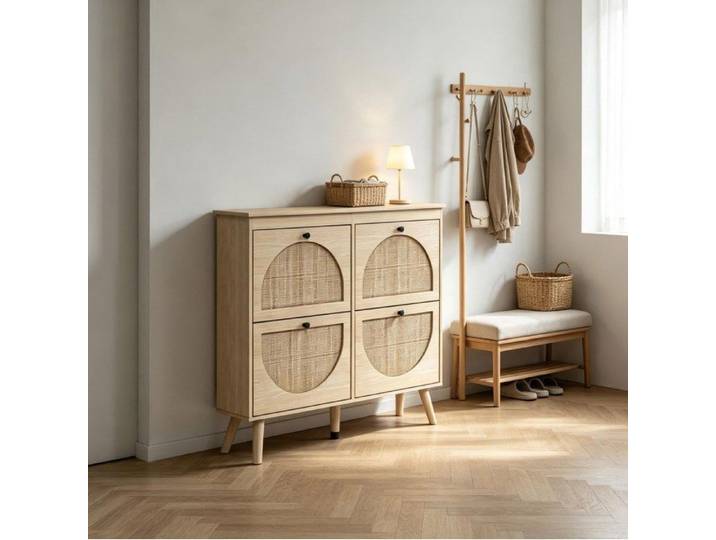 MEUBLIV Meuble à chaussures compact 4 tiroirs à abattant bois naturel et rattan entrée