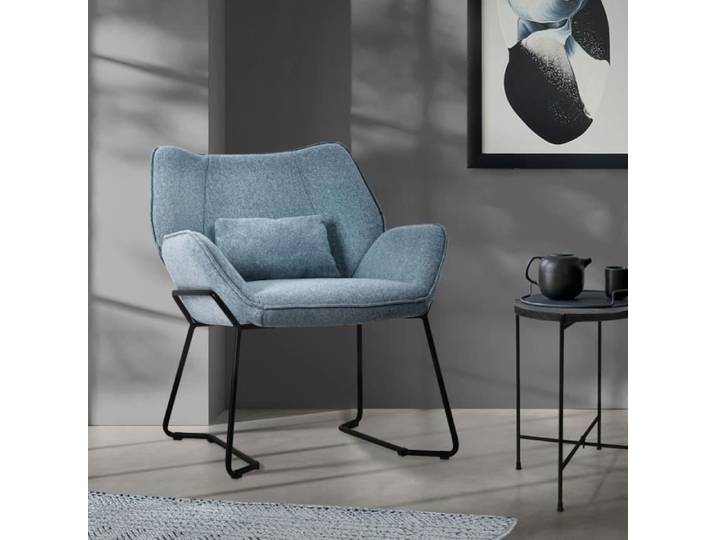 ML-Design Fauteuil lounge bleu Fauteuil relax avec revêtement en lin pieds métalliques noirs Chaise avec accoudoirs et dossier