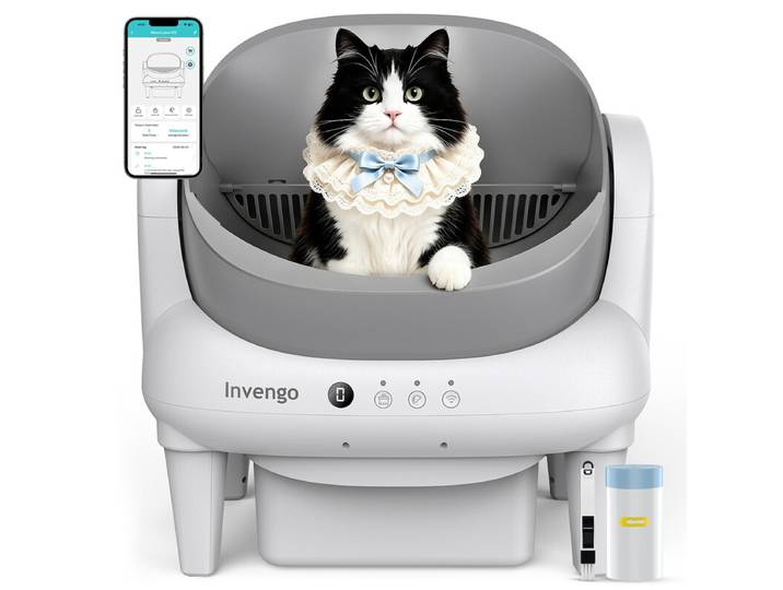 INVENGO Bac à litière automatique autonettoyant pour chat, contrôle via application, bac à litière ouvert avec protection anti-pincement, ultra-silencieux, automatique pour foyers avec plusieurs chats, tapis de litière et 1 rouleau de sacs de rechange inc