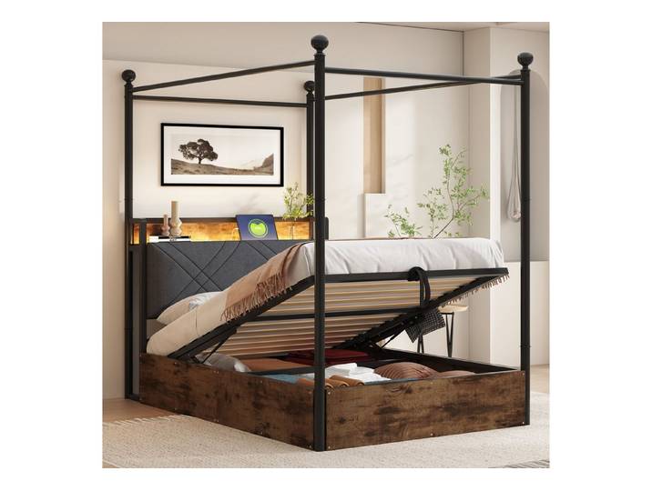 REDOM Stauraumbett mit LED, USB/Typ-C & Stauraum – Multifunktionales Eisenbett (Polsterbett Kinderbett Funktionsbett, 90x190 cm), ohne Matratze
