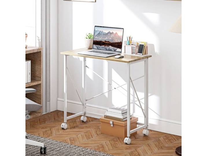 Bureau pliant à roulettes gain de place acier MDF naturel