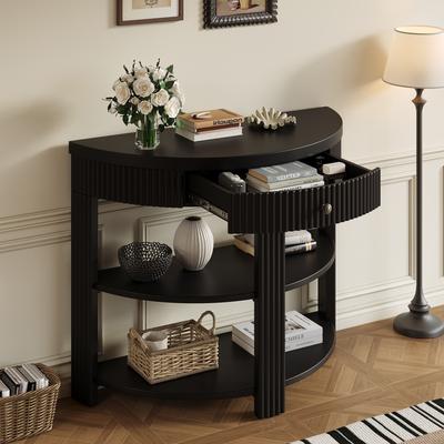 GREATPLANINC Farmhouse Half Moon Console Table with Drawer and Open Storage Shelves